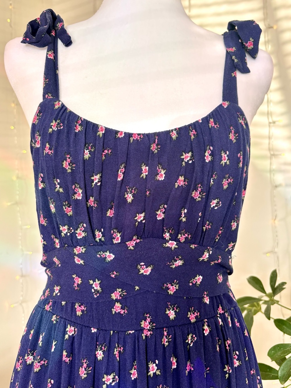 Navy Blue Ditsy Floral Tie Strap Maxi Dress XS
